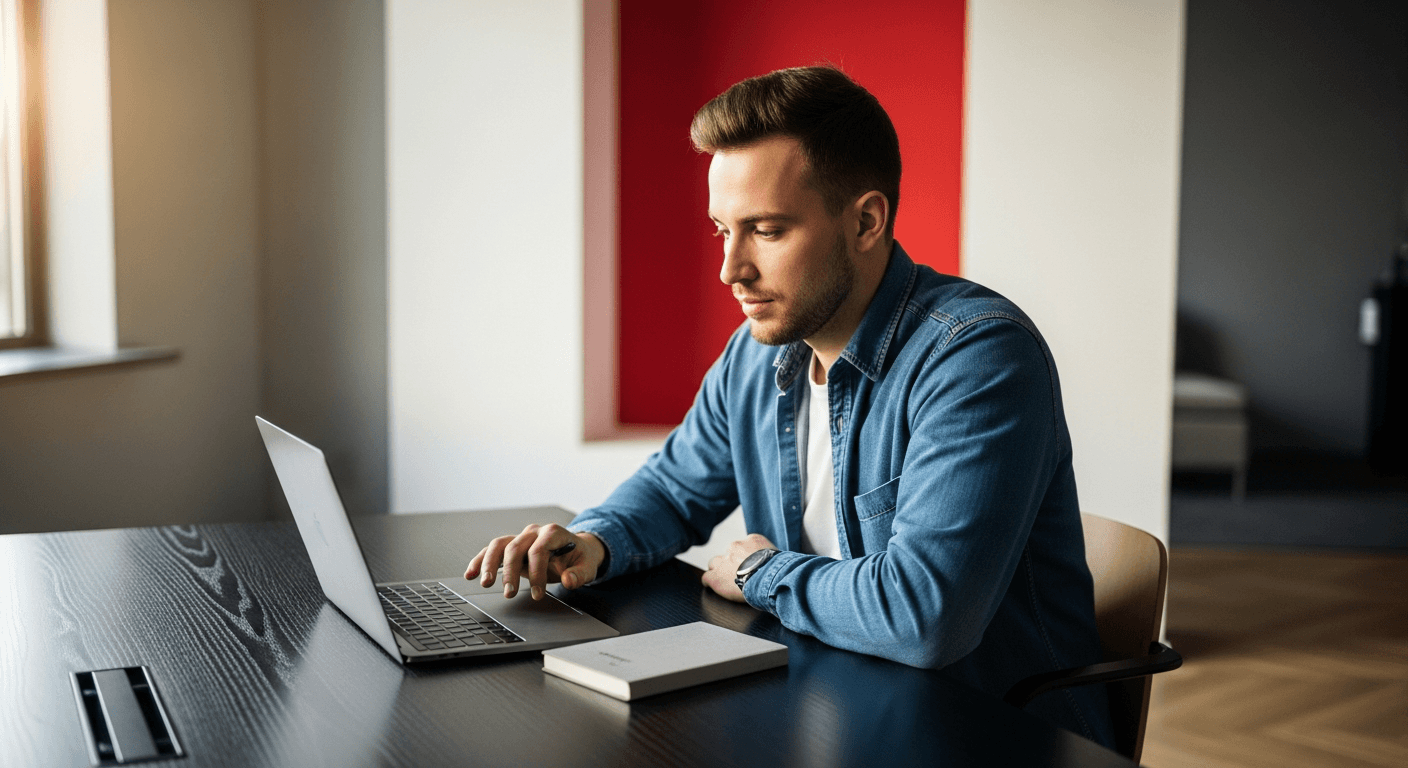 Photo-realistic shot of a focused founder working at a sleek minimalist black desk with one bold red accent wall, single laptop, soft window light, editorial corporate photography, 35mm, shallow depth of field
